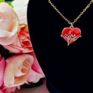 Heartbeat Enamel Gold Plated Heart Necklace Chain Valentine's Day